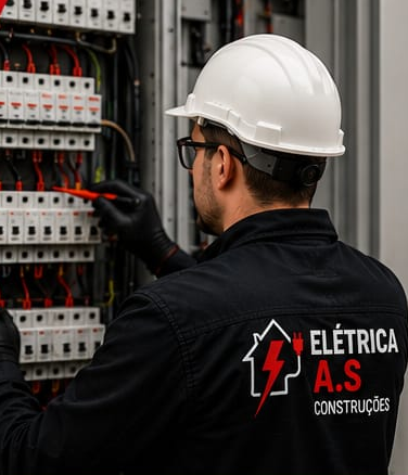 Eletricista da Elétrica A.S Construções trabalhando em quadro elétrico